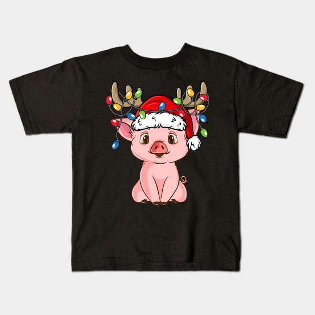 Pig With Santa Hat Reindeer Antlers Christmas Lights Kids T-Shirt by Kimko